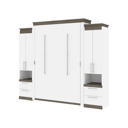 BESTAR Orion 104W Queen Murphy Bed and 2 Storage Cabinets with Pull-Out Shelves (105W), White & Walnut Grey 116889-000017